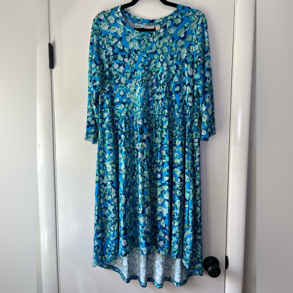 LOGO Lori Goldstein Tunic Dress Blue Green Teal Aqua 3/4 Length Sleeve Medium